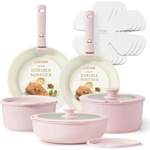 CAROTE Pots and Pans Set, Nonstick Cookware Sets Detachable Handle, 15pcs Induction Kitchen Cookware Set Non Stick with Removable Handle, Oven Safe, RV Cookware Set, Pink Granite 