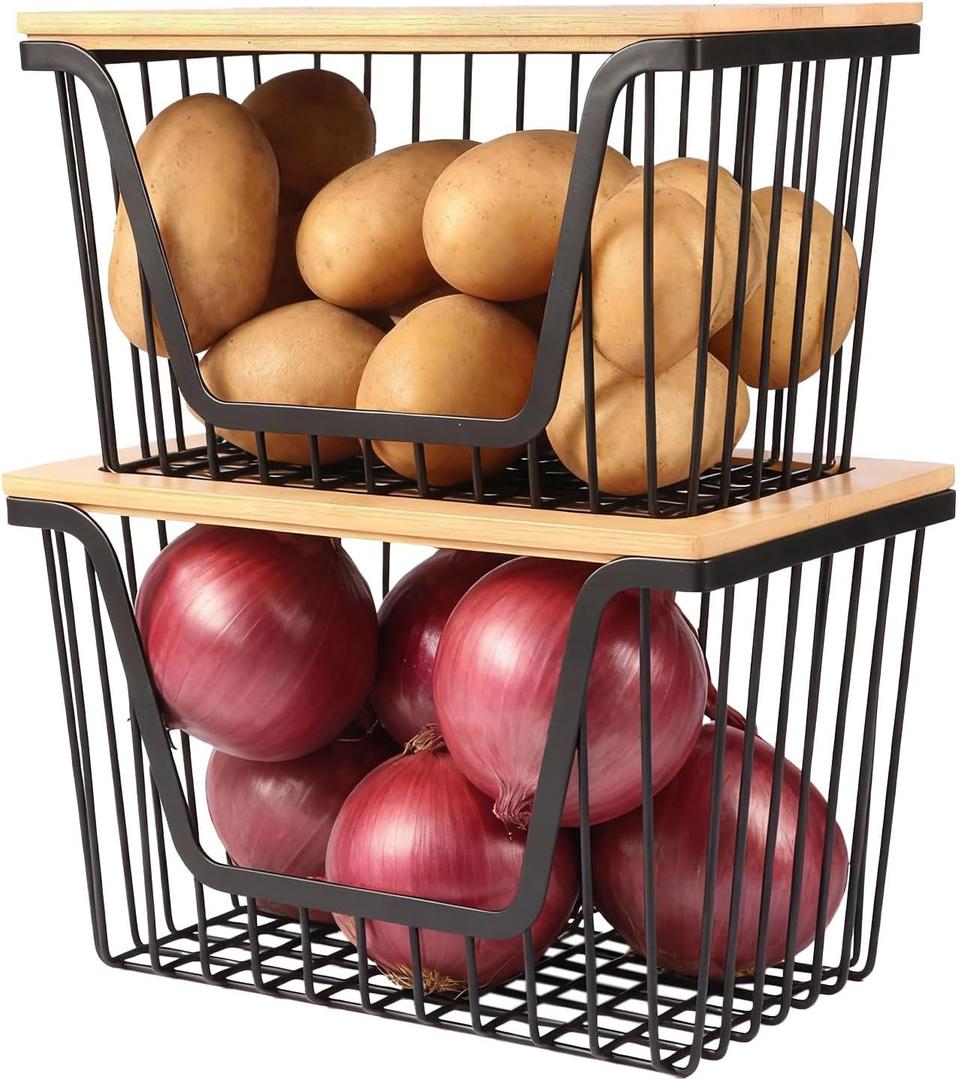 2 Pack Onion and Potato Storage Bins, Stackable Pantry Organizers Storage, Large Wire Storage Basket for Onion, Potato, Fruit, Vegetables