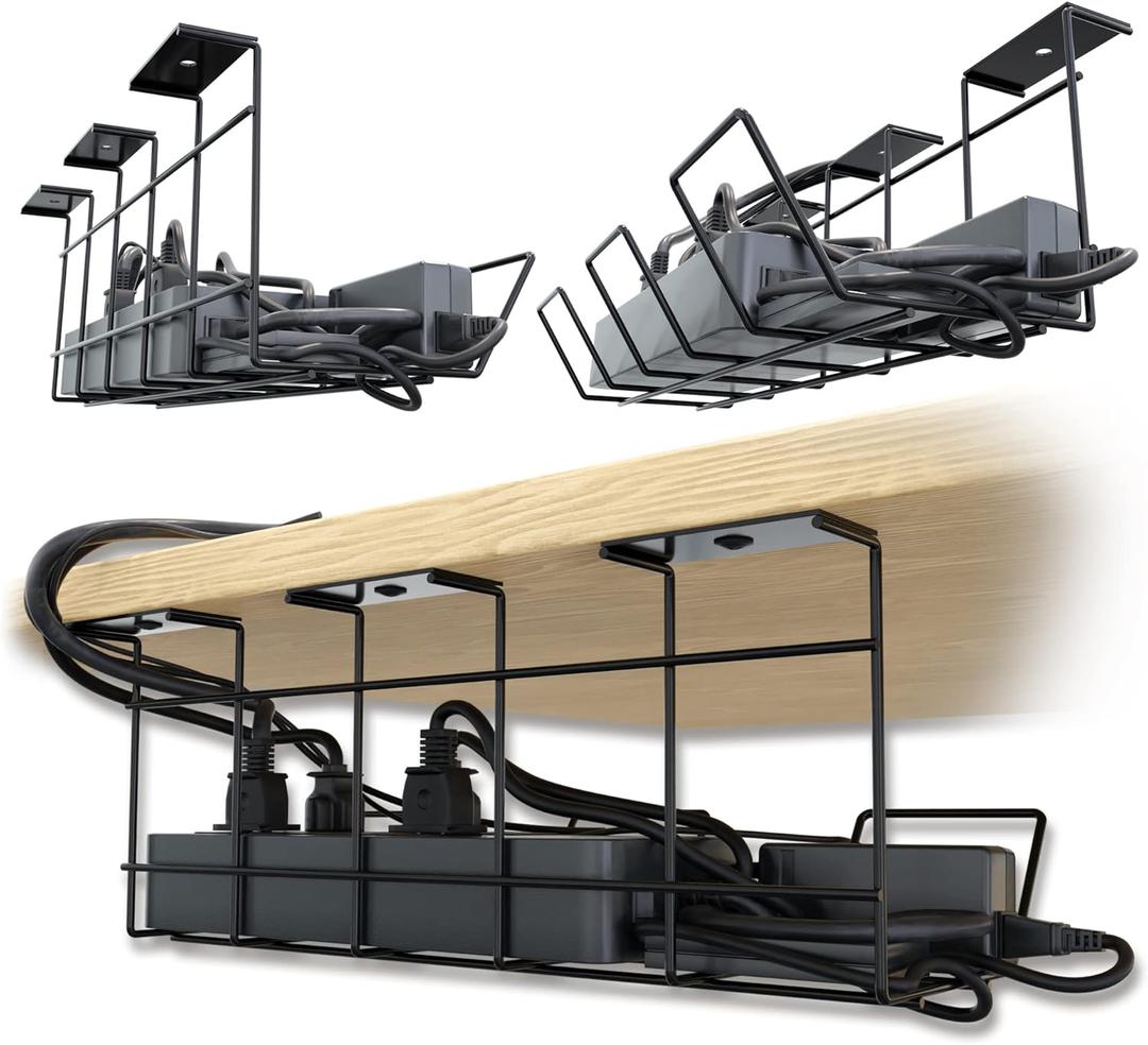 Compact Under Desk Cable Management Tray - Cable Organizer for Wire Management, Desk Wire Organizer, Cable Tray - Black Set of 2x12