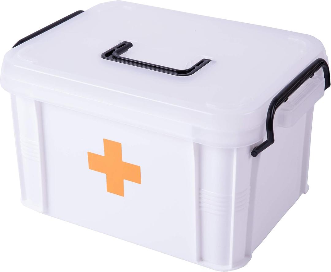 White Large Empty Medical Box for Home Emergency Supplies, Travel, Car, and Dorms  Compact First Aid Box with Handle, Detachable Tray and Locking Lid  Medical Organizer and First Aid Kit Storage