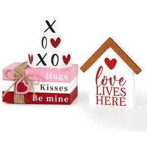 DAZONGE Valentines Day Decorations, Wood Book Stack with XOXO Blocks for Table Shelf Tiered Tray Decor, Freestanding Valentines Day Decor