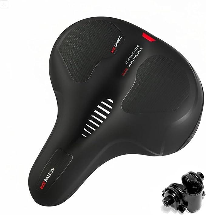 Bike Seat Cushion Compatible with Huffy, Comfortable Wide Bicycle Saddle for Men and Women, Memory Foam, Dual Shock Absorbing and Reflective Strip, Replacement Seat Cushion for Exercise and Road Bike