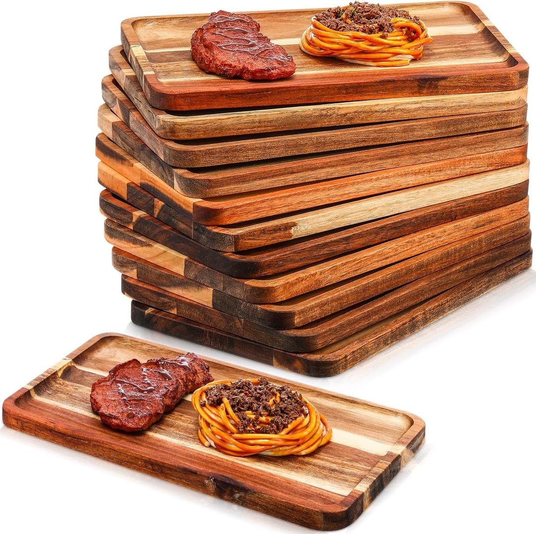 Roshtia 12 Pcs Acacia Wood Serving Tray Rectangular Wooden Serving Platter Christmas Dinner Plates Wood Cheese Charcuterie Board for Food Vegetable, Charcuterie, Appetizer (8'' X 12'' X 0.6'')