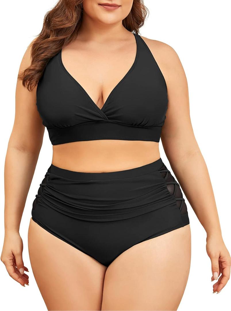 American Trends Womens Plus Size Bikini Two Piece Swimsuits Tummy Control Bathing Suits High Waisted Bikini Swimwear (Black, 2XL)