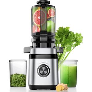 Juicer Machines, Cold Press Juicer with Wide Feed Chute, Slow Masticating Juicers for Whole Vegetables & Fruits, High Juice Yield, Easy to Clean, Large Auger, Light Silver