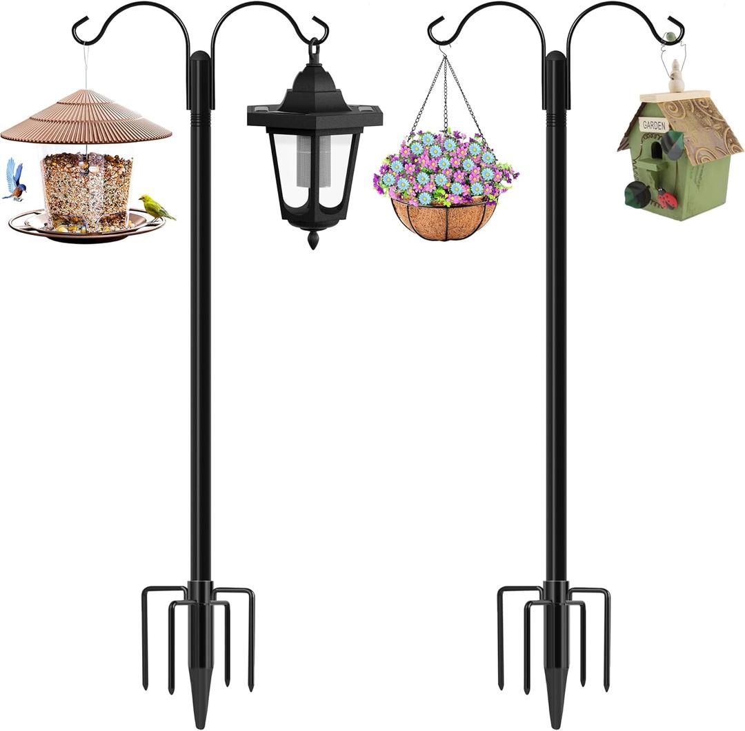 XDW-GIFTS Shepherds Hooks for Outdoor, Pack of 2, 76 Inch Heavy Duty Bird Feeder Pole, Garden Pole for Hanging Plants, Lantern, Hummingbird Feeder, Hanging Plant Stand with 5 Base Prongs