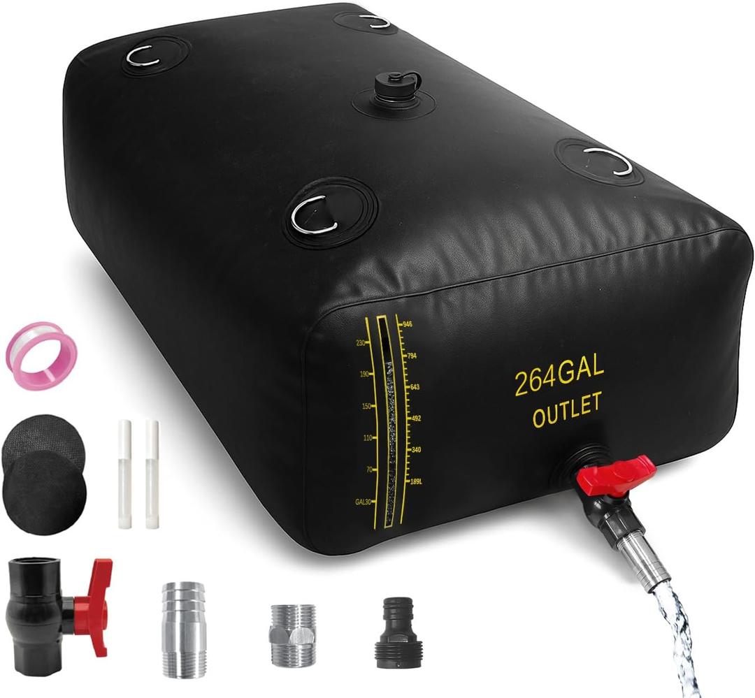 1000L/264Gal Water Bladder with Water Level Indicator, PVC Foldable and Portable Water Tank with 3 Connectors and Overflow Kit, Ideal for RV, Camping, Rainwater Collecting,Planting Watering