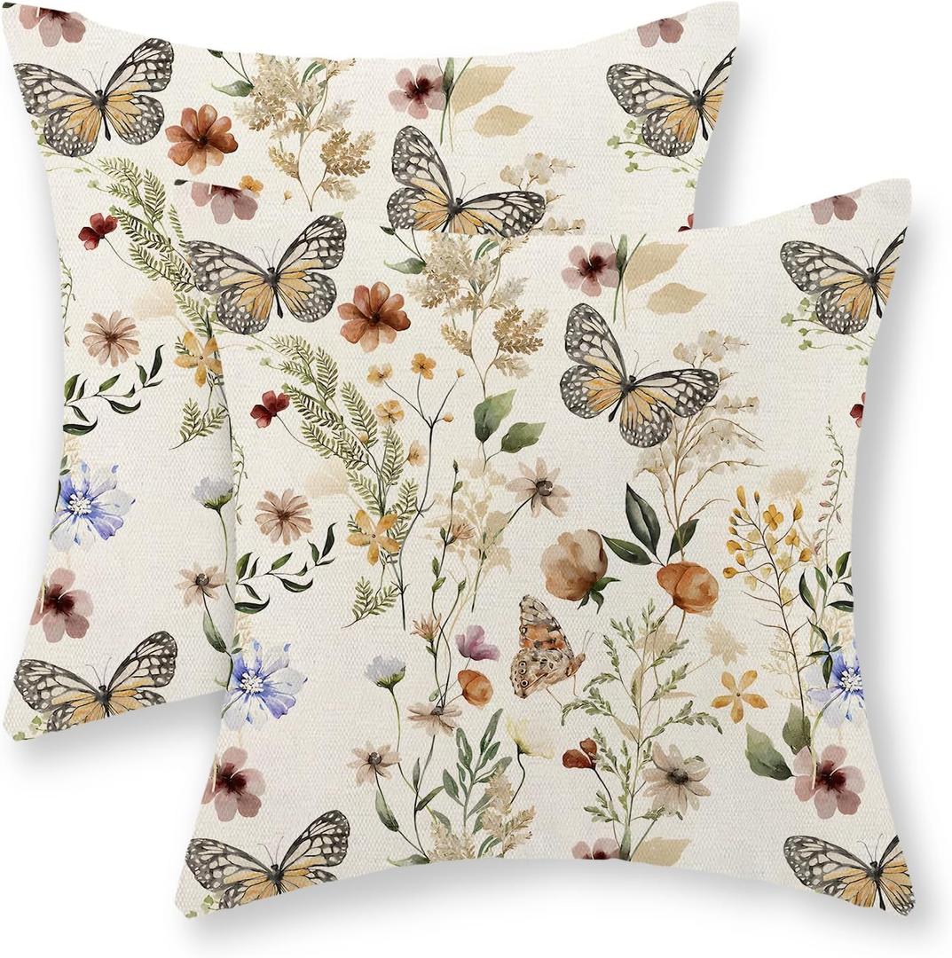 Floral Pillow Covers 18x18 Set of 2 Watercolor Botanical Wildflower Spring Throw Pillows flower Butterfly Decor Summer Outdoor Pillowcase Decorative Farmhouse Linen Cushion Cover for Couch Home