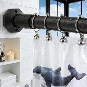 Tension Curtain Rods No Drilling 45-128 In, Black Shower Curtain Rod for Bathroom Window, Heavy Duty Adjustable Outdoor Curtain Rod for Patio, Easy to Install, Never Rust, Rod Diameter 1.26 In