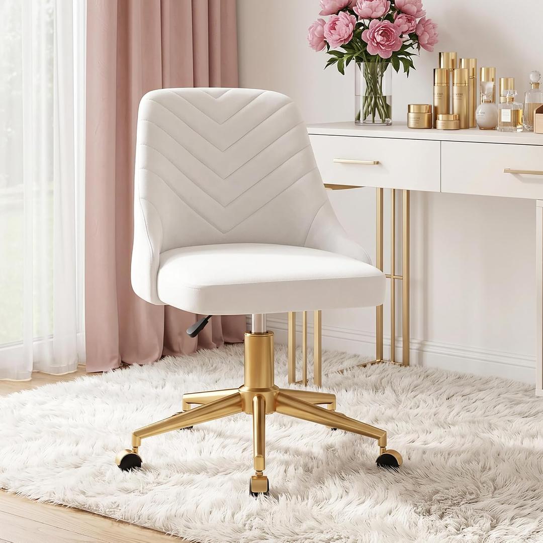 VECELO Velvet Vanity Desk Chair with Height-Adjustable for Office Living Room Bedroom Make Up Study, 360Swivel, Wheeled Gold Base, White