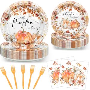 Avezano 96 pcs Fall Baby Shower Decorations Pumpkin Bow Plates and Napkins Disposable Tableware Set Watercolor Floral Little Pumpkin Baby Shower Decorations, Serves 24