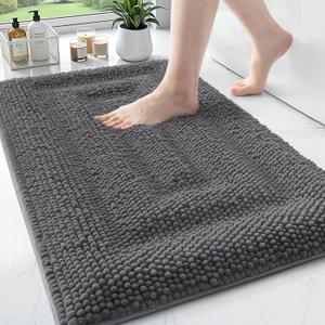 Color&Geometry 32x20 Ultra Soft Chenille Dark Grey Bathroom Rugs, Non-Slip Bath Mat with Elastic Fabric Backing, Super Absorbent and Washable Shower Mats for Inside Shower,Tub,Bathroom, Grey