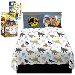Jurassic World Bedding Set Full Size Bed - Bundle with Dinosaur Flat Sheet, Fitted Sheet, and Pillowcases for Full Bed Plus Stickers, More | Jurassic World Bedding for Boys