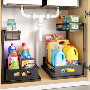Under Sink Organizer , 2 Pack Height Adjustable Cabinet Organizer with Slide Out Drawer, Pull Out Under Sink Storage, Multi-Purpose 2 Tier Sink Shelves for Kitchen Bathroom Pantry (Black, 2 Pack)