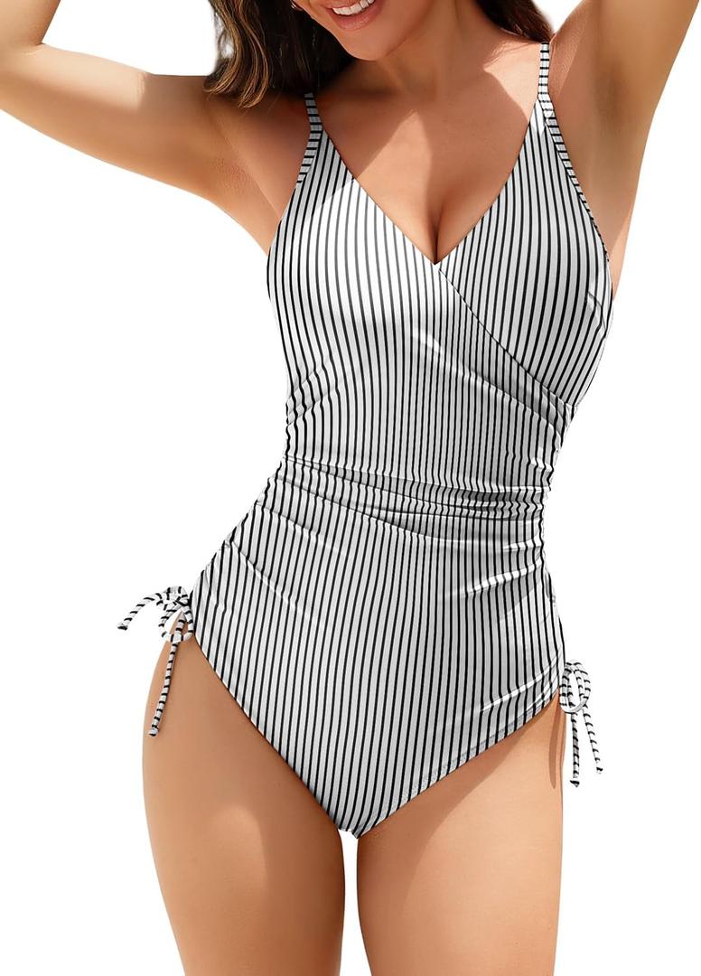 Century Star Women's One Piece Swimsuit - Sexy V Neck Tummy Control Bathing Suit Vintage Swimwear (M)