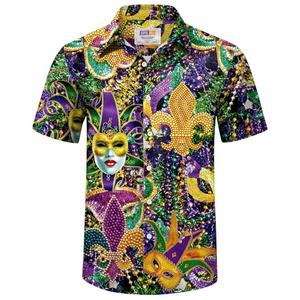 Men's Mardi Gras Button Shirt Mardigras Jester Mask Short Sleeve Shirt Carnival Funny Purple Jewelry Beads Shirt L