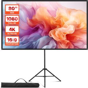 VEVOR Projector Screen with Stand, 80 Inch 160 Wide Angle Indoor Outdoor Projection Screen, 16:9 4K HD Wrinkleless Portable Tripod Screens with Carry Bag, for Movie Home Theater Office Presentation