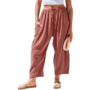 TARSE Womens Linen Wide Leg Pants Casual Loose Drawstring Summer Beach Travel Vacation Palazzo Harem Pants with Pockets Large