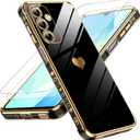 LeYi for Samsung Galaxy A16-5G Case: with Tempered Glass Screen Protector [2 Pcs]+ Full Camera Lens Protection,Love Heart Plating Cute Luxury Shockproof Case for Galaxy A16, Black
