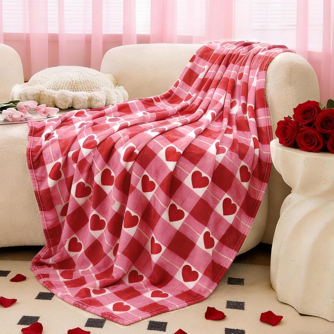 Valentines Day Throw Blanket 50x60 Inch,Red Pink Love Heart Pattern Plaid Luxury Flannel Blanket Holiday for Mom, Wife, Home Couch, Sofa or Bed