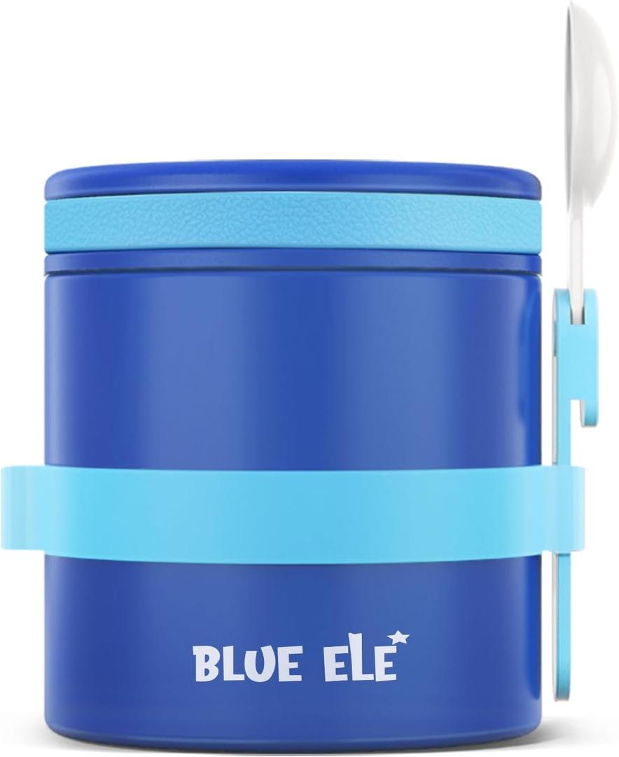 BLUE ELE Vacuum Insulated Thermos Food Jar for Hot Food, 13.5oz, Leak-Proof, Ceramic-Coated Stainless Steel Lunch Container with Folding Spoon, Easy Grip Lid, Deep Blue