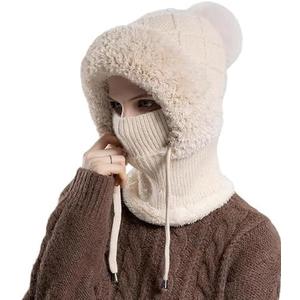 Women's 3-in-1 Beanie Hat with Scarf & Mask, Fleece-Lined Winter Ear Muff Beanie for Cold Weather (Off-White)