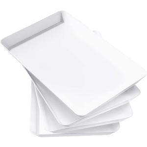 Lifewit Plastic Serving Tray for Party Supplies, 15" x 10" White Trays for Serving Food, Reusable Large Platter for Buffet, Fruit, Dessert, Snack, Veggie, Kitchen and Outdoor Use, Rectangle, 4 Pcs, White 