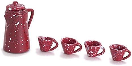 International Miniatures by Classics Dollhouse Miniature Red Spatterware Coffee Pot and Cups