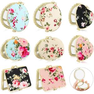Blulu 8 Pieces Compact Mirror Bulk for Purse Flower Small Floral Retro Folding Portable Pocket Mirror for Women Girls Travel Gift(Gold Edge)