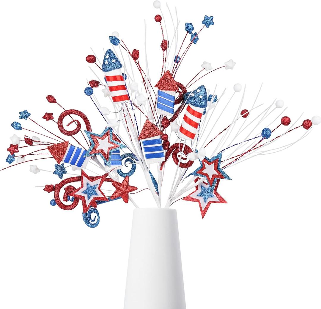 4 PCS 4th of July Patriotic Floral Picks, Red White Blue Star Decorations for Independence Day Centerpieces for Labor Day Decorations Floral Arrangements, USA Table Dcor, Memorial Day, 20 Inch