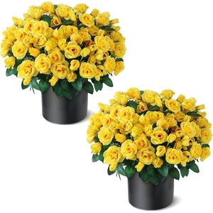 Juxdp 2 Set of Artificial Rose Topiary Trees  Faux Silk Flower Potted Plant, UV Resistant Fake Outdoor Rose Bush for Front Door, Farmhouse, Porch, Garden Decor (Yellow)