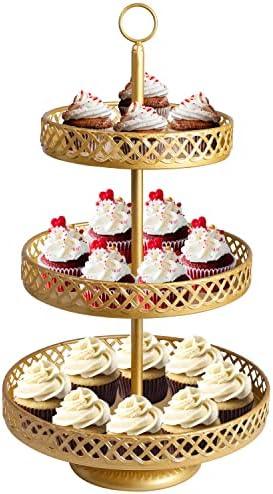 weharnar Cupcake Stand - 3 Tier Metal Cupcake Tower - Dessert Table Display Set Round Cake Holder Tiered Serving Tray for Cup Cakes Desserts Fruits Candy Cookie Buffet, Gold