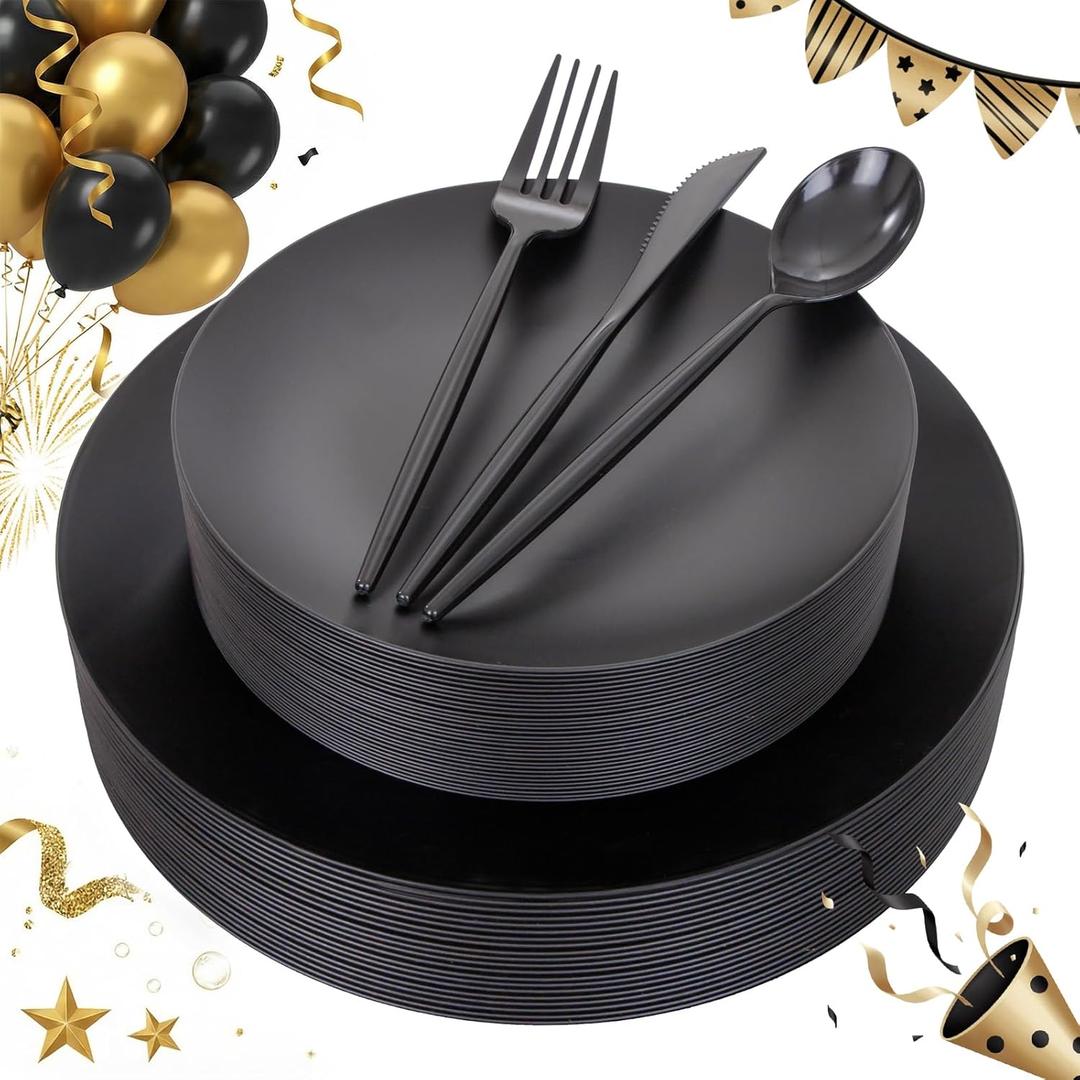 EI 150pcs Black Plastic Plates Frosted Plastic Plate,Premium Heavy Duty Black Plastic Plates,Black Disposable Plates with Plastic Silverware,10.25" Dinner Plates and 7.5" Dessert Plate New Year Party
