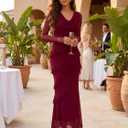 MEROKEETY Women's Fall Cowl Neck Mesh Maxi Dress Ruffle Wedding Guest Dress (Red, S)