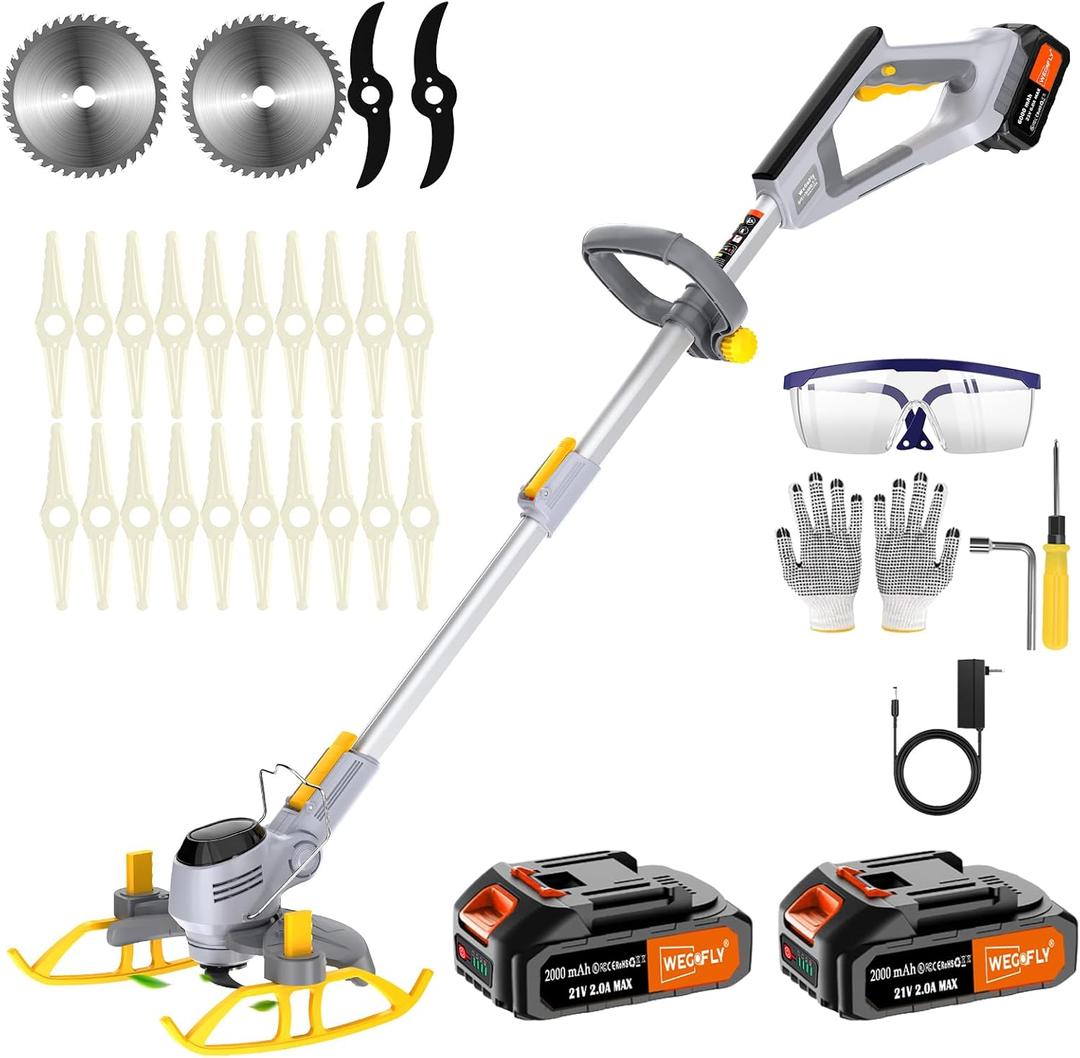 Electric Weed Wacker, (2 x 21V 2.0Ah Electric Brush Cutter Battery Powered), with Auxiliary Bracket, 90 Rotary Head, Telescopic Handle, 3 Cutting Methods(WEG21A-2)