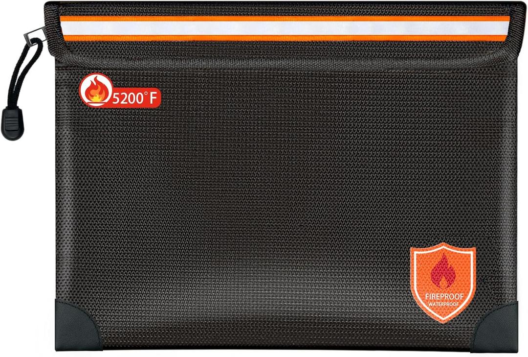 Fireproof Document Bag 2200F/5200F, 1511"with Zipper and Reflective Strip,Heat Insulated Fireproof/Waterproof Bag for Cash, Documents and Valuables, Large Black-5200F