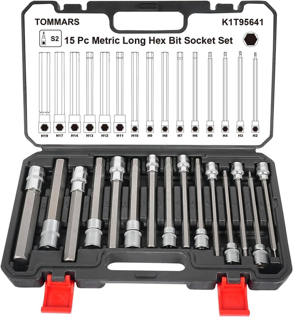 TOMMARS 15-PC Metric Long Hex Bit Socket Set, Extra Long Socket Set S2 Alloy Steel 3/8", 1/2" Drive, H2 - H19.