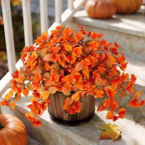 Fake Fall Flowers Artificial for Decoration 2PCS Faux Silk Fall Flowers Plants for Outdoors Outside Planters UV Resistant Looks Real for Front Door Porch Patio Garden Decor (Orange)