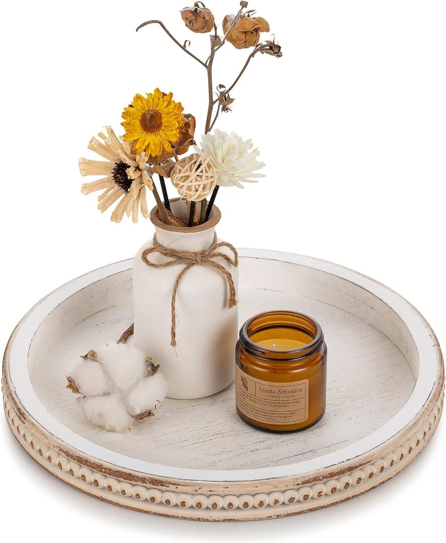 Hanobe Round Wooden Decorative Tray: White Washed Bead Tray Decor for Coffee Table Centerpiece Rustic Farmhouse Tray for Kitchen Counter Living Room (11.8")