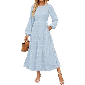 ZESICA Women's Spring Long Sleeve Maxi Dresses 2026 Crew Neck Swiss Dot Tiered Flowy A Line Wedding Cocktail Party Dress (Light Blue), S