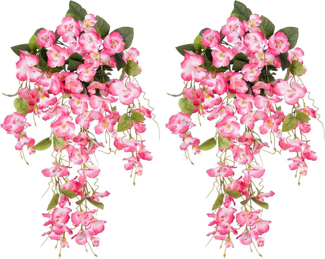 Fake Hibiscus Artificial Hanging Flowers Plants for Outdoors Spring Decoration, 2pcs Silk Hibiscus Vines Realistic UV Resistant Pink Faux Flowers for Outside Planter Porch Patio Yard Wedding Party Urn