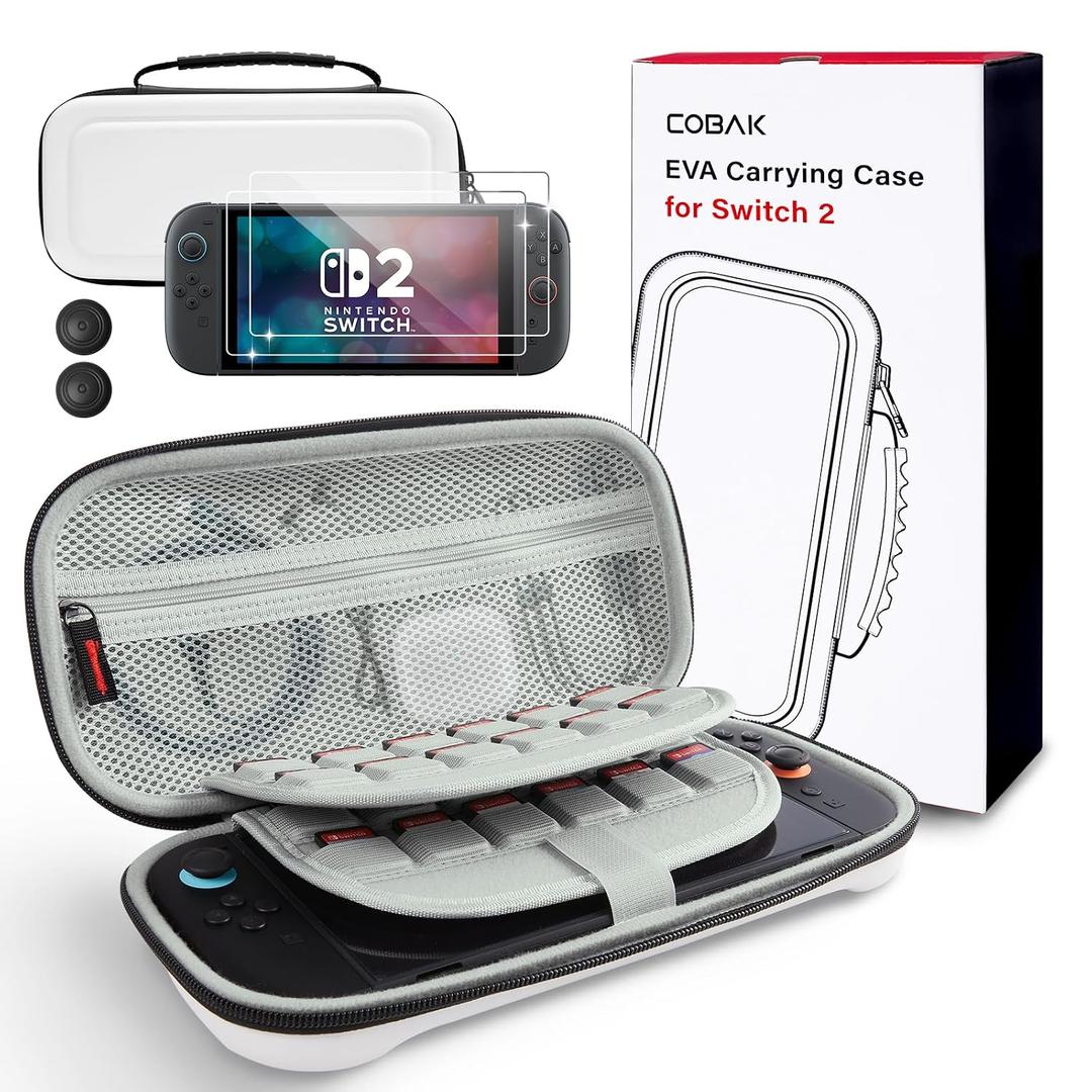 CoBak Large Capacity Carrying Case for Nintendo Switch 2 (2025) - 3 in 1 Accessories Bundle with 2 Screen Protectors, Thumb Grip Caps, 24 Game Cartridges, Hard Shell Portable Travel Pouch, White