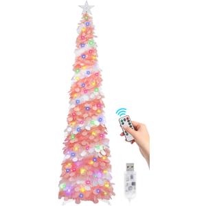 SINTENILL 6 FT Pop Up Christmas Tree with 100 LED Timer Lights & Remote, Pink White Collapsible Christmas Tinsel Tree Artificial Pencil Tree Xmas Decor for Holiday Home Office Party, USB Powered
