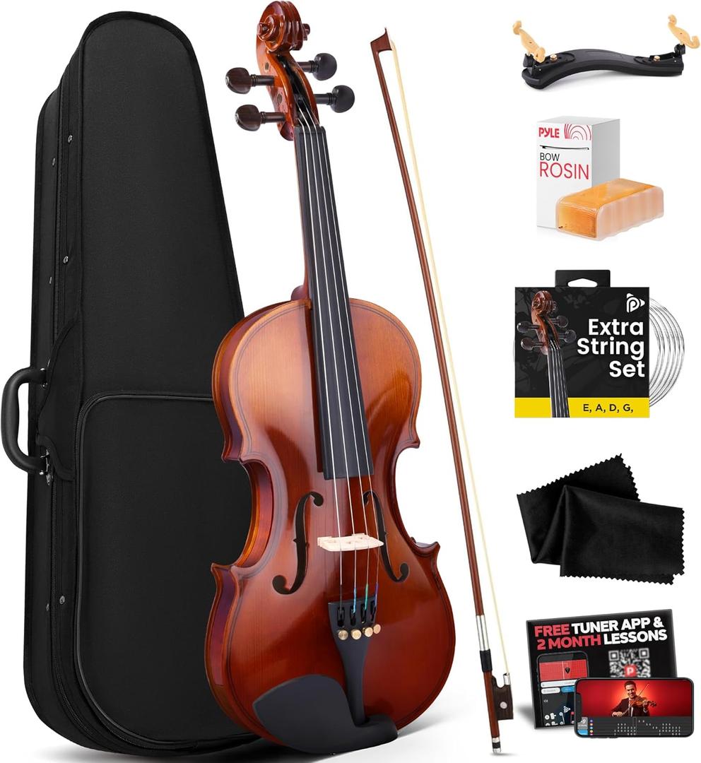Pyle 1/4 Size Beginner Violin Starter Kit, Violin Starter Package with Travel Case & Bow, Extra Strings, Digital Tuner, Shoulder Rest & Cleaning Cloth for Students, Kids, Adults