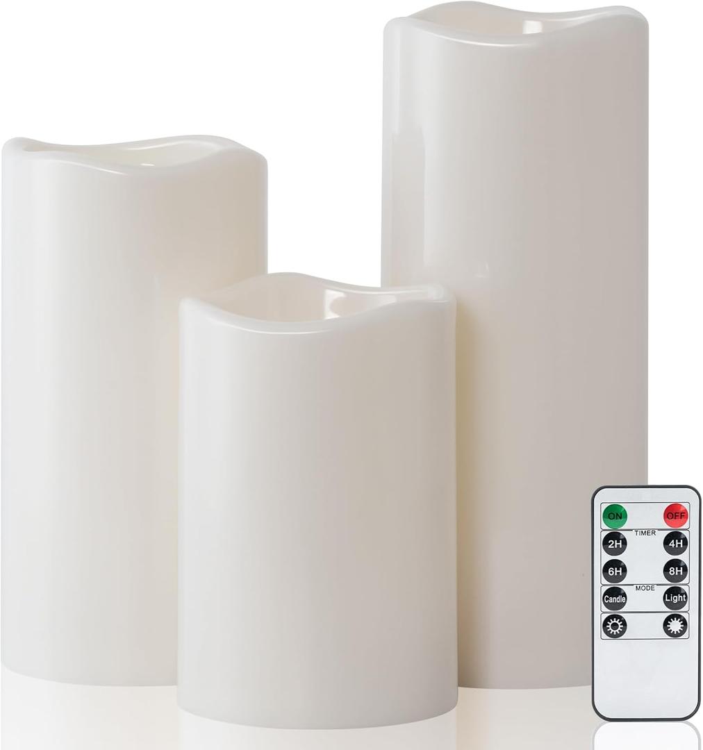 Amagic 3 Pack 4"x 6"8" 10" Outdoor Plastic Electric flameless Candles with Remote Control and Timer, Battery Operated Flickering LED Pillar Fake Candle for Home, Wedding Decor, Ivory