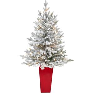 Nearly Natural 4ft. Flocked Fraser Fir Artificial Christmas Tree with 200 Warm White Lights and 481 Bendable Branches in Red Planter