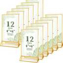12 Pack Gold Acrylic Sign Holders 4x6, Double Sided Vertical Stand Clear Picture Frame Stands, Menu Flyer Holder for Wedding Table Numbers, Restaurant Signs, Party and Office Photos