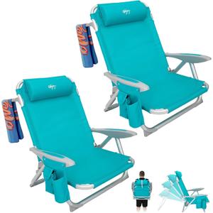 #WEJOY Beach Chair for Adults, Reclining Adjustable Position,Lay Flat Lightweight Folding Portable Aluminum Chair with Backpack Straps,Padded headrest, Heavy Duty 400 lbs Lawn Chair for Beach, 2 Pack
