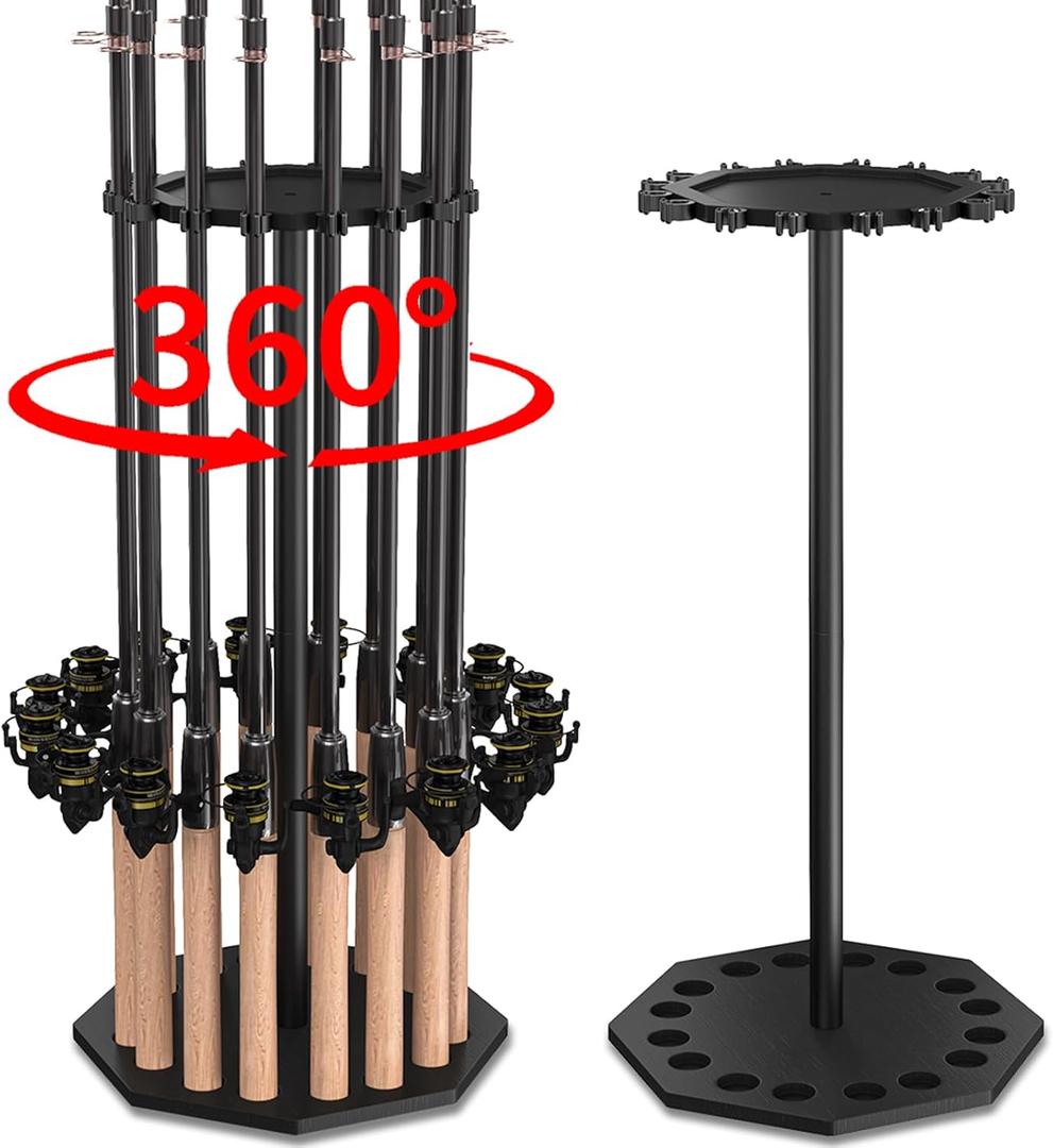 Fishing Rod Holder Wood, Holds Up to 16 Rods or Combos, 360 Spinning Fishing Pole Holder for Garage, Fishing Gear Storage Organization, Fishing Accessories, Ideal Fishing Buddy Gift