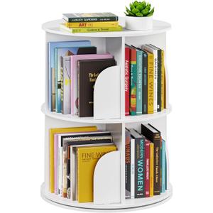 SpaceAid 2 Tier Rotating Bookshelf Tower, Spinning Bookcase Lazy Susan, Revolving 360 Book Shelf Storage Round Carousel, Vertical Rotate Turning Spiral Corner Organizer, White, 2 Tier, 25.6" H